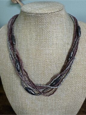 Multi-Strand Plum and Gunmetal Seed Bead Necklace - Boho Style